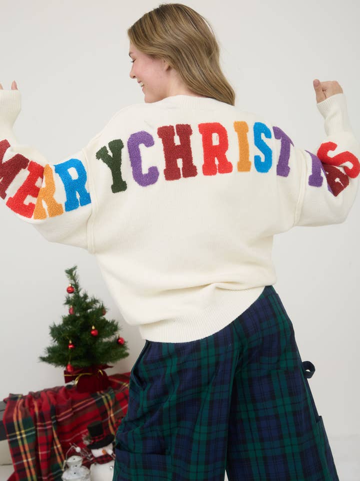 MERRY CHRISTMAS MULTICOLOR CREWNECK KNIT SWEATER  for wholesale by Blu Pepper