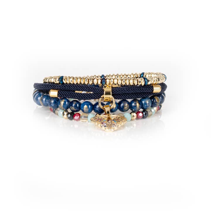 Midnight Shell Multi-Layer Beaded Bracelet Stack Navy & Go for wholesale by The Dark