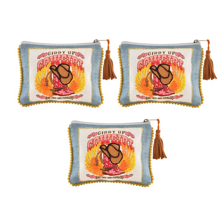3ABPC23426_SBYL Set/3 UP COWGIRL EMBROIDERY POUCH 6X8 for wholesale by Karma Living