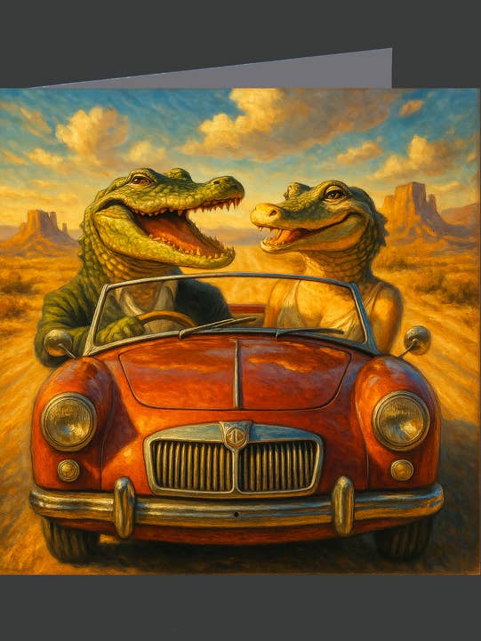 Aligator Couple in Sports Car - 1066 / Greeting Card for wholesale by Eliot Siegel & The British Art Gallery