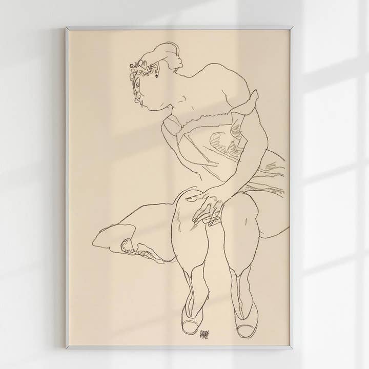 Sitzende Frau in Korsett und Stiefeln von Egon Schiele für den Großhandel von Rock Paper Scissors Wall Art