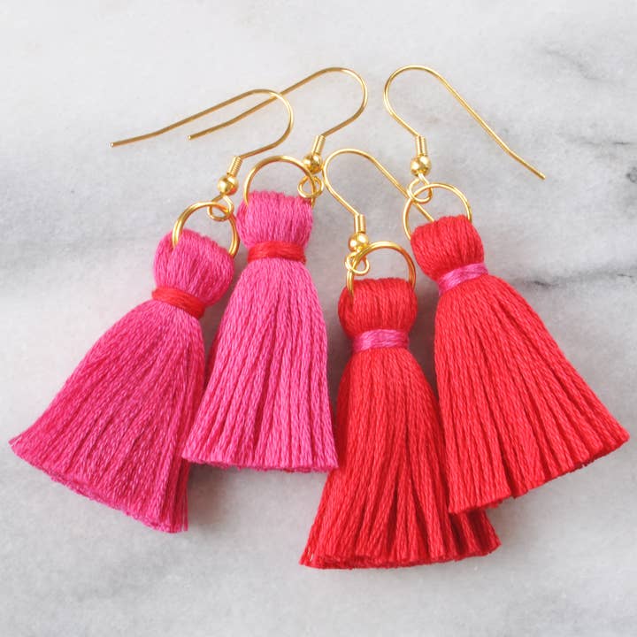 Valentine Mini Tassel Earrings in Pink and Red for wholesale by Libby & Smee