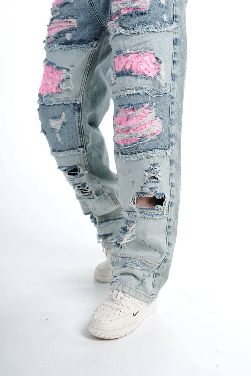 PremiumDenim – calças de ganga - Homem por atacado – Jeans de Ganga Rosa com Remendos e Corte Largo de Designer2