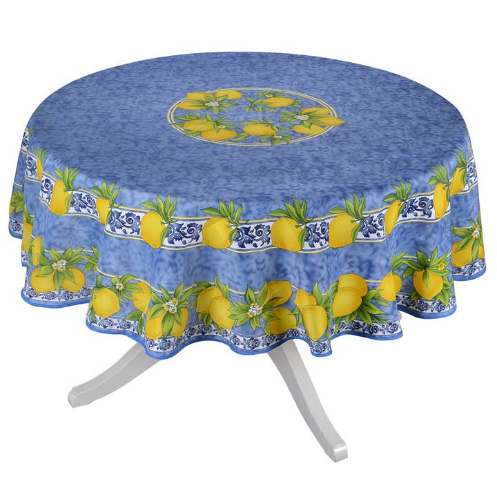Citrus Blue 70" Round Polyester Tablecloth for wholesale by Provence Imports