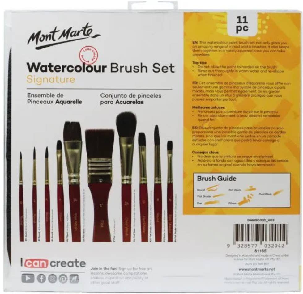 Mont Marte Usa, Inc. - Wholesale Paint/Wax Brush - Mixed Bristle Brush Set Wallet 11pce - Watercolor1