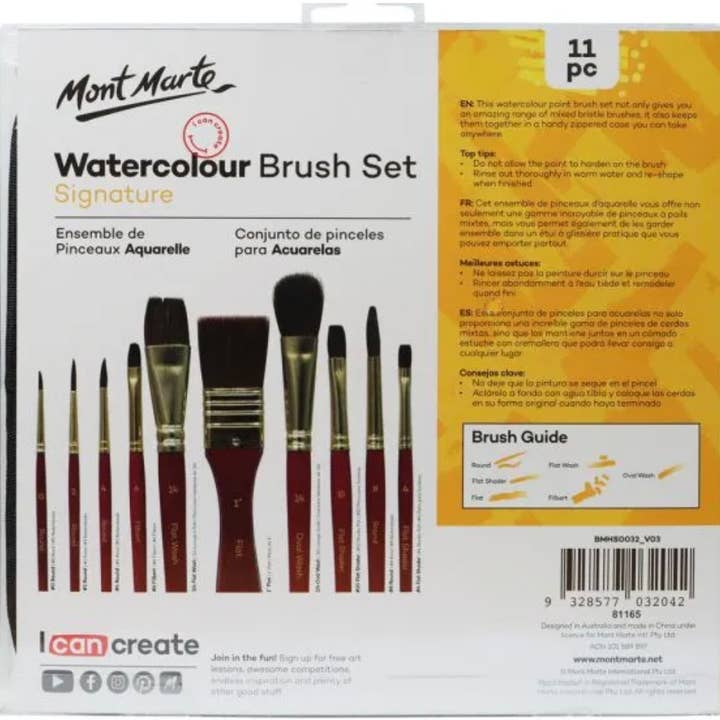 Mont Marte Usa, Inc. - Wholesale Paint/Wax Brush - Mixed Bristle Brush Set Wallet 11pce - Watercolor1
