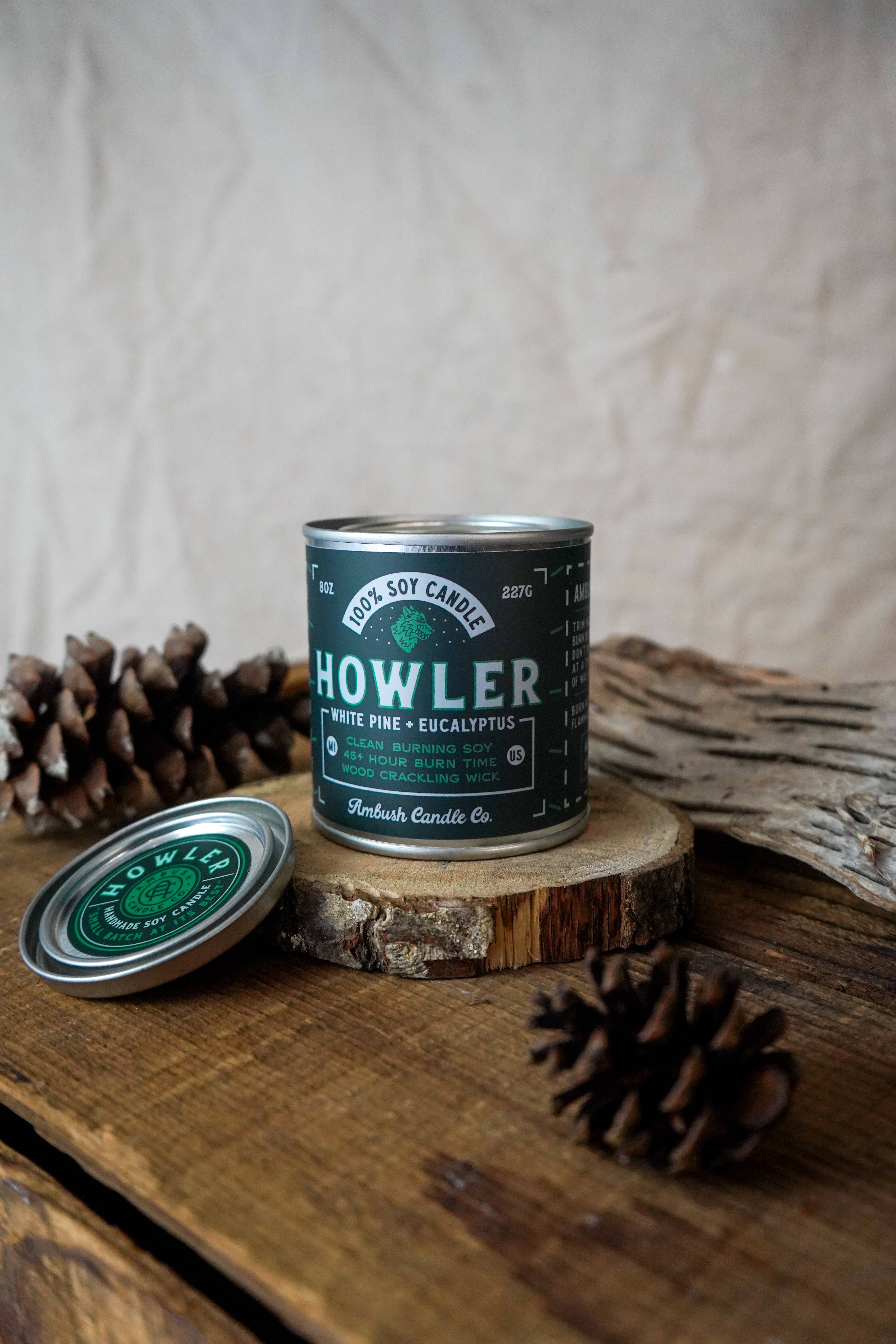Ambush Candle Co. - Wholesale Jar/Filled Candle - Howler | White Pine + Eucalyptus 8oz Soy Candle4