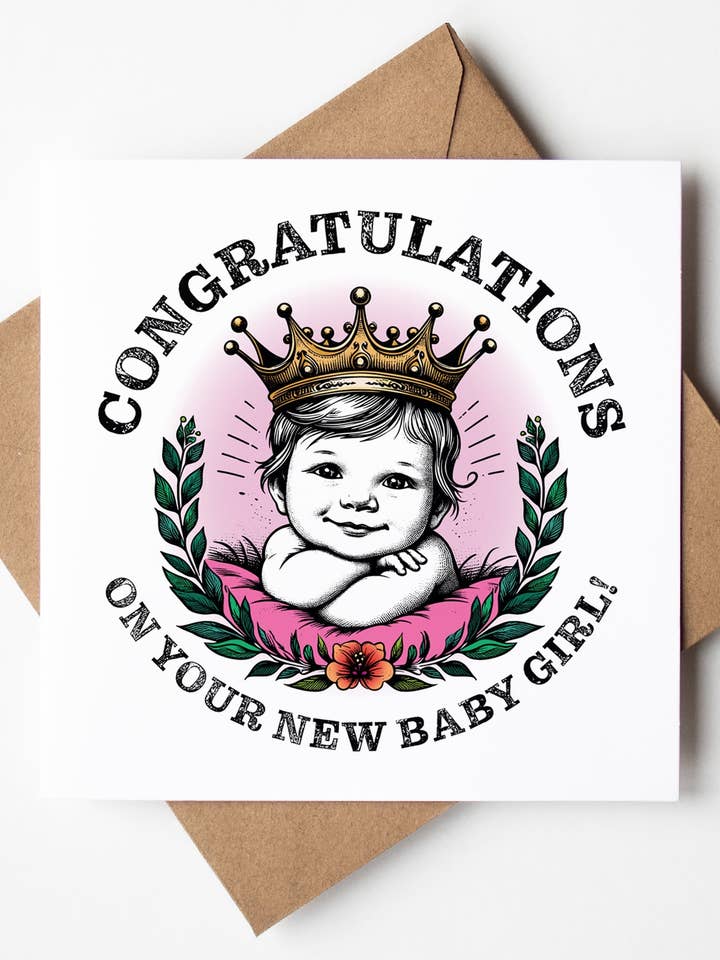 Congratulations On Your New Baby Girl! Crown Card (Pack of 6) for wholesale by Sweary Card Lady