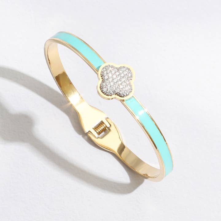 Fashion City - Wholesale Cuff Bracelet - CZ Pave Clover Colored Bangle Cuff Bracelet4