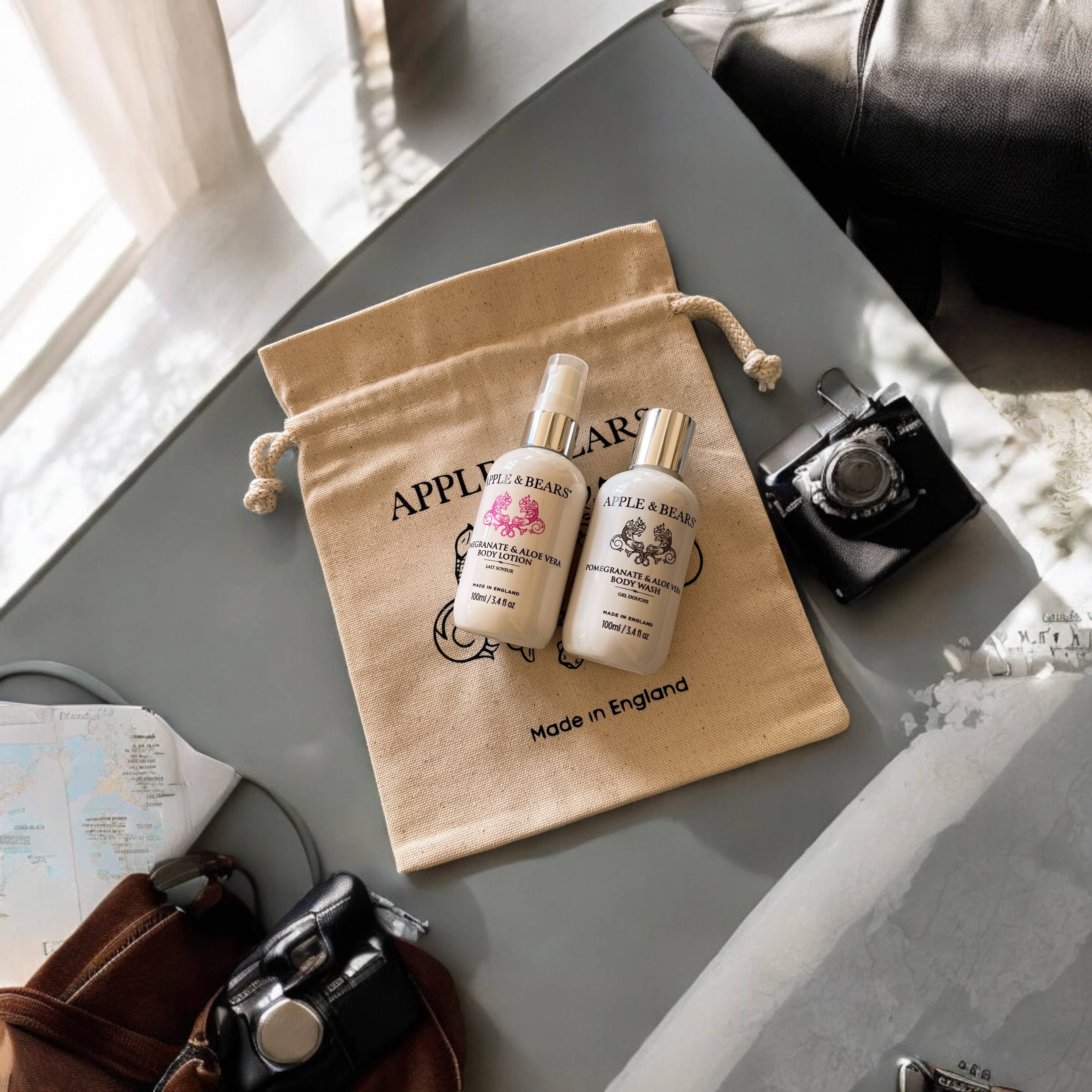 APPLE & BEARS – Großhandel Bade- & Körperpflege-Set – Reiseset mit Granatapfel und Aloe Vera, Wash & Lotion, 100 ml/3.415