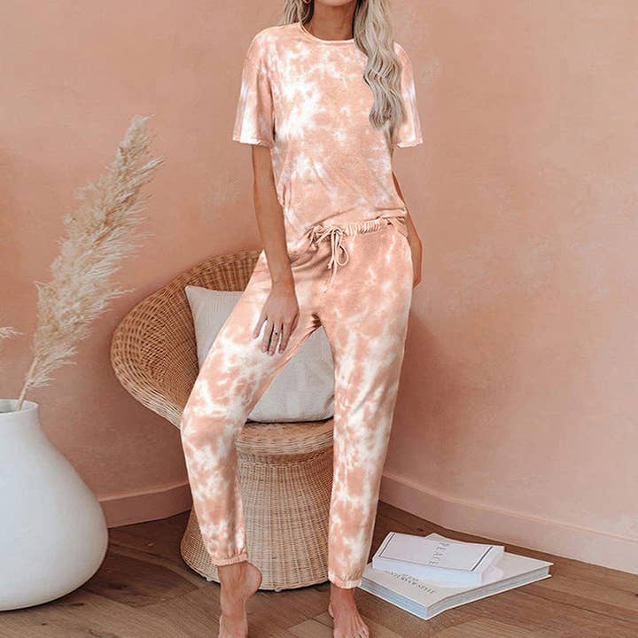 Svelte Seduction - Wholesale Lounge set – Women's - Women Short Sleeve Gradient Print Tie Dye Pajamas Home Wear