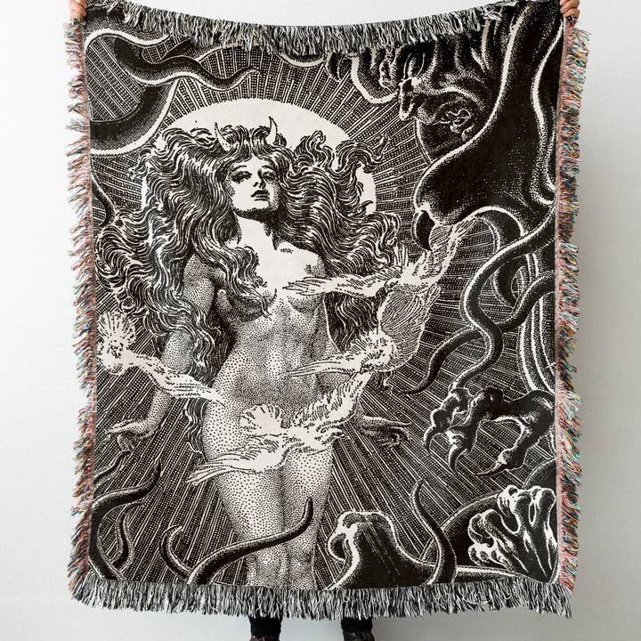 Killer Goods • Woven Blankets, Gifts, Home Decor - Wholesale Throw Blanket - Witchy Sorceress Casts a Spell Woven Throw Blanket