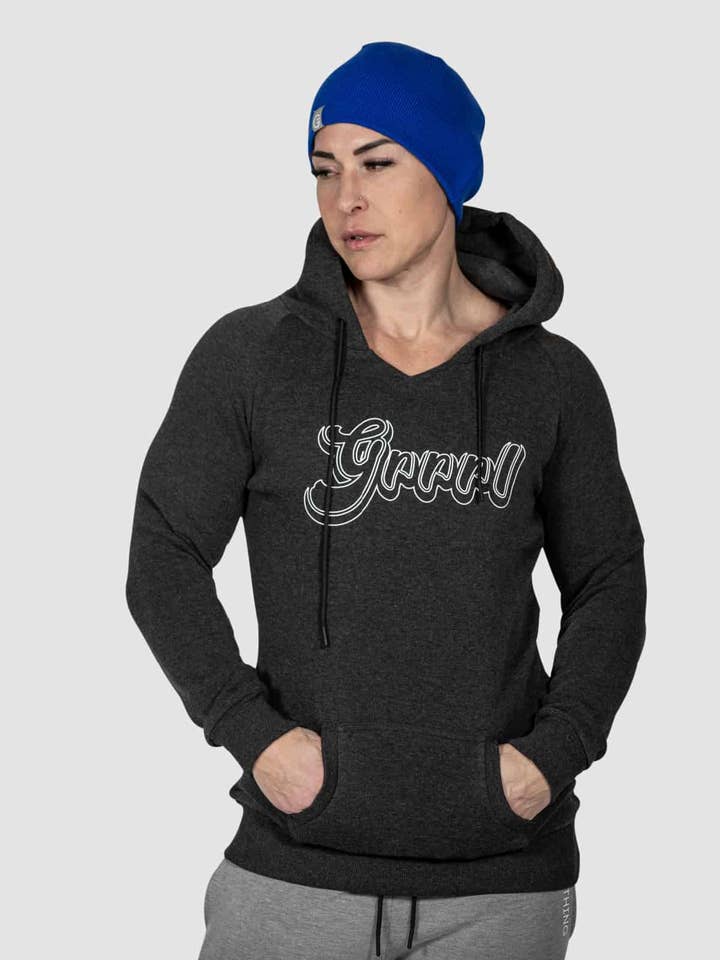 Sweat à capuche stretch à col en V anthracite pour la vente par GRRRL