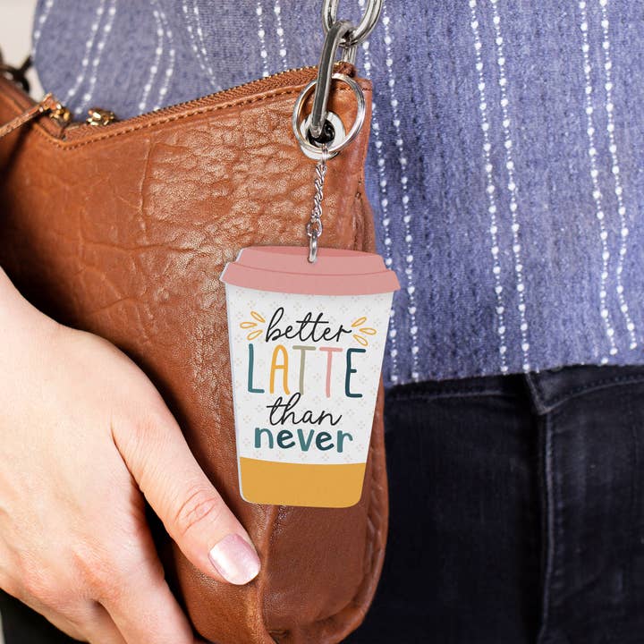 Better Latte Then Never Acrylic Coffee Cup Shape Key Chain for wholesale by P. Graham Dunn