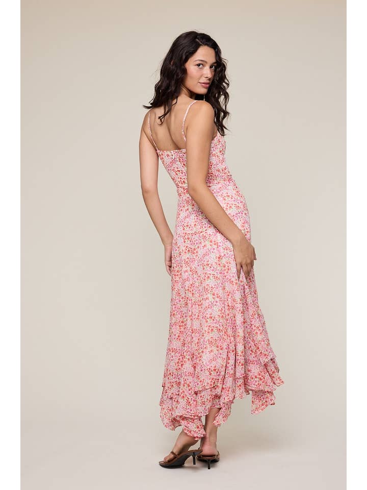 ROUGE FLUORESCENT ROBE MIDI ASYMÉTRIQUE À VOLANTS ET IMPRIMÉ FLEURI DITSY en vente sur Faire3