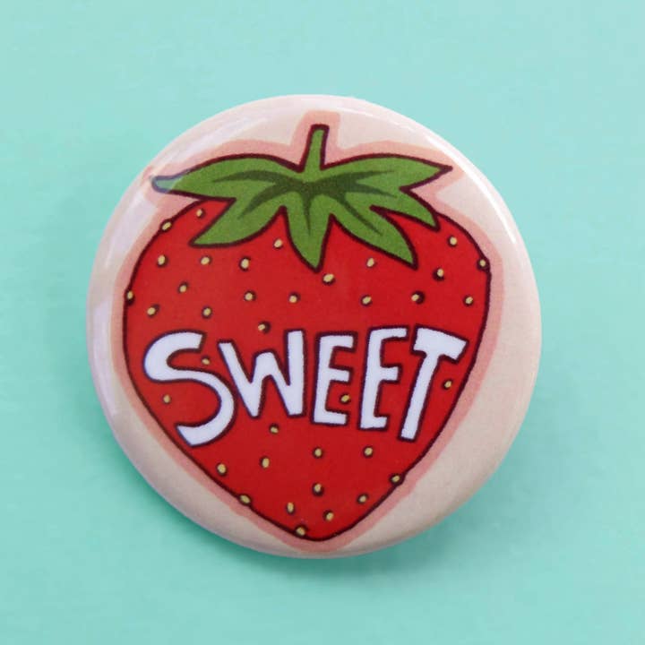 Sweet Strawberry, Retro Pinback Button Pin for wholesale by Lucky Sardine
