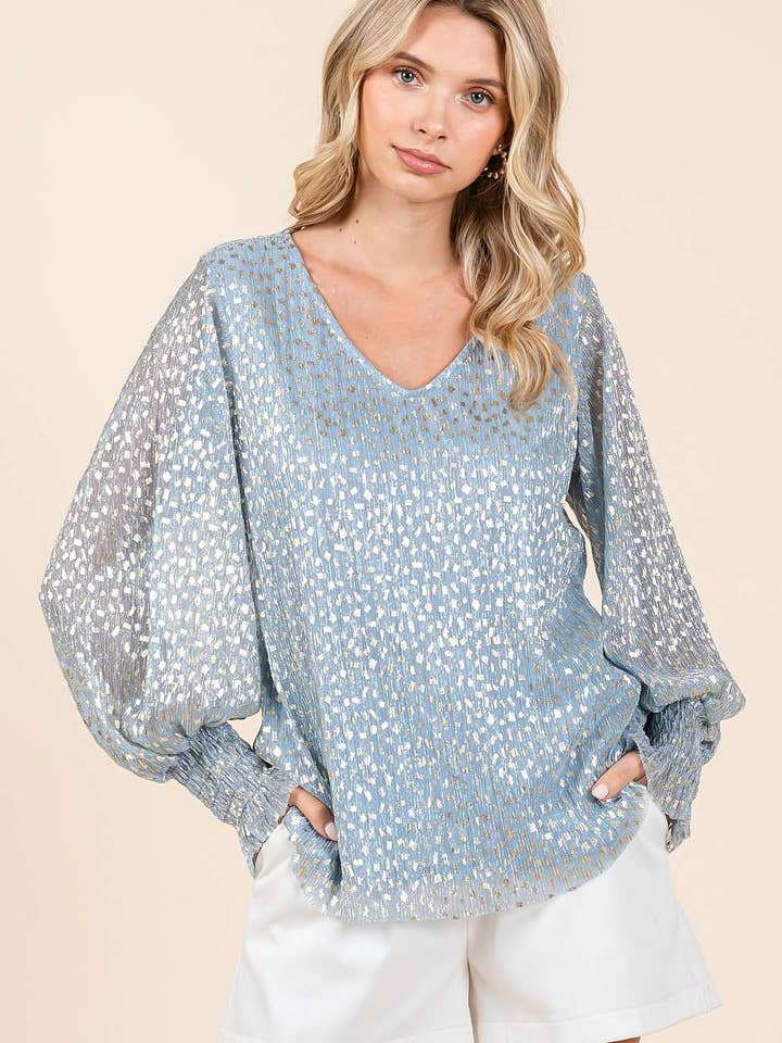 HAUT PLISSÉ À MANCHES LONGUES À IMPRIMÉ MOUCHETÉ À PAILLETTES MÉTALLISÉES pour la vente par mittoshop