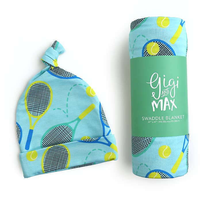 Roger Blue Tennis Swaddle Couverture Bébé en Bambou Souvenir pour la vente par Gigi and Max