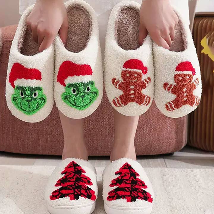 Christmas Winter Home Grinch Pattern Fuzzy Slippers for wholesale by DOUBLJU