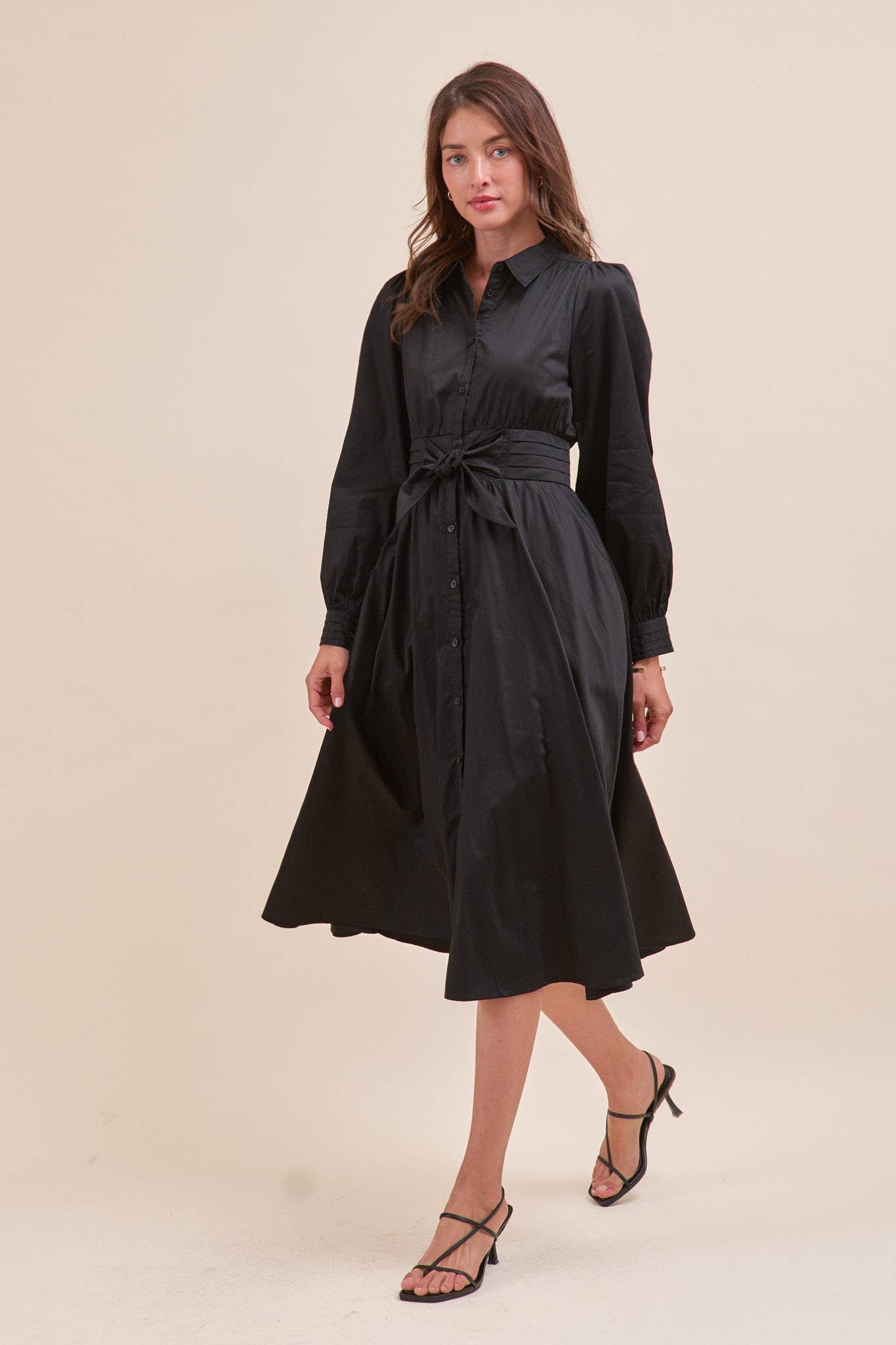 &MERCI - Wholesale Dress - Women's - PINTUCK WAIST TIE FRONT MIDI DRESS MDR421914