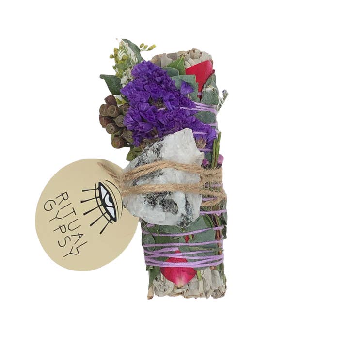 RITUAL GYPSY SAGE WANDS - Wholesale Sage Bundle - Ritual Wand + Rainbow Moonstone I White Sage Smudge (4/9")2