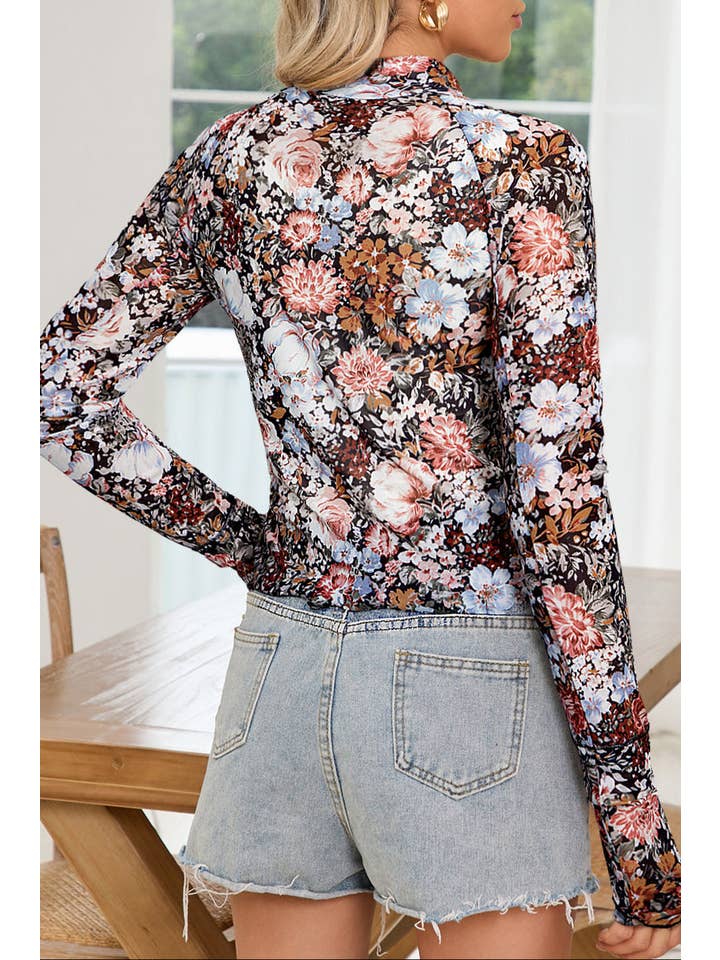 Brown Floral Mesh Long Sleeve Blouse for wholesale on Faire