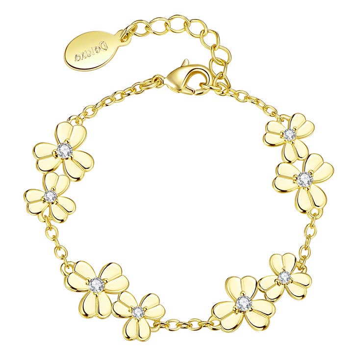 Bracelet à double chaîne à fleurs en laiton doré pour la vente par Dlux Jewels