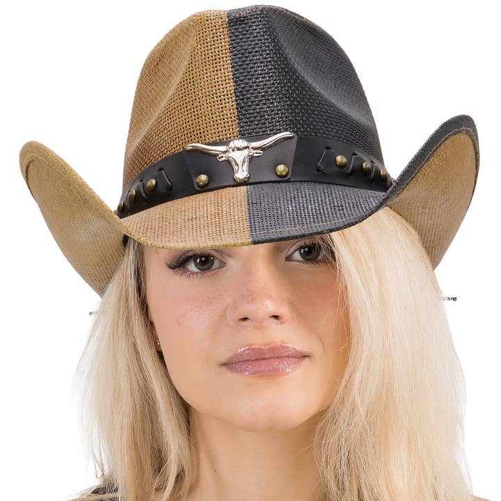 TAN/SORT Cap Zone split-farvet cowboystrohat med Longhorn-bælteemblem for engroshandel på Faire1