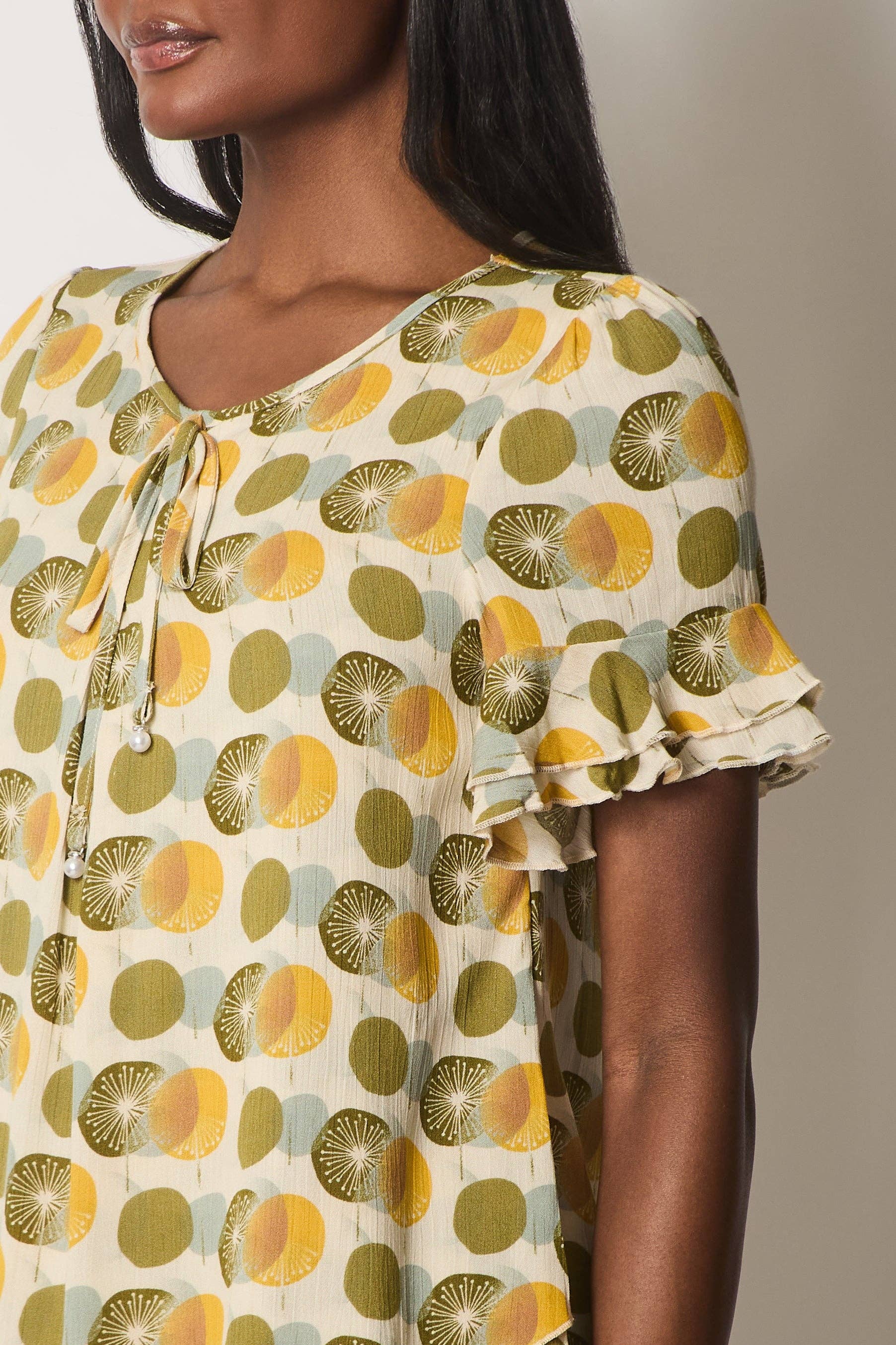 SOLO – wholesale Blouse – Women’s – Printed Tie-Neck Top - Khaki2