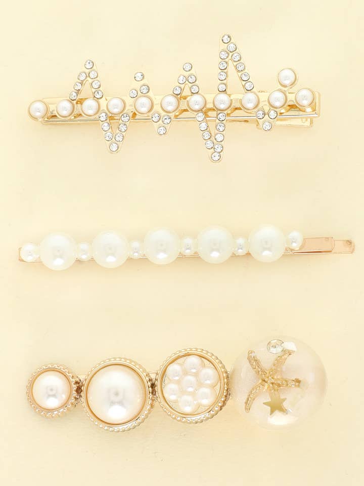 3-Pack Assorted Simulated Pearl Hair Clip Set for wholesale by SP Sophia Collection