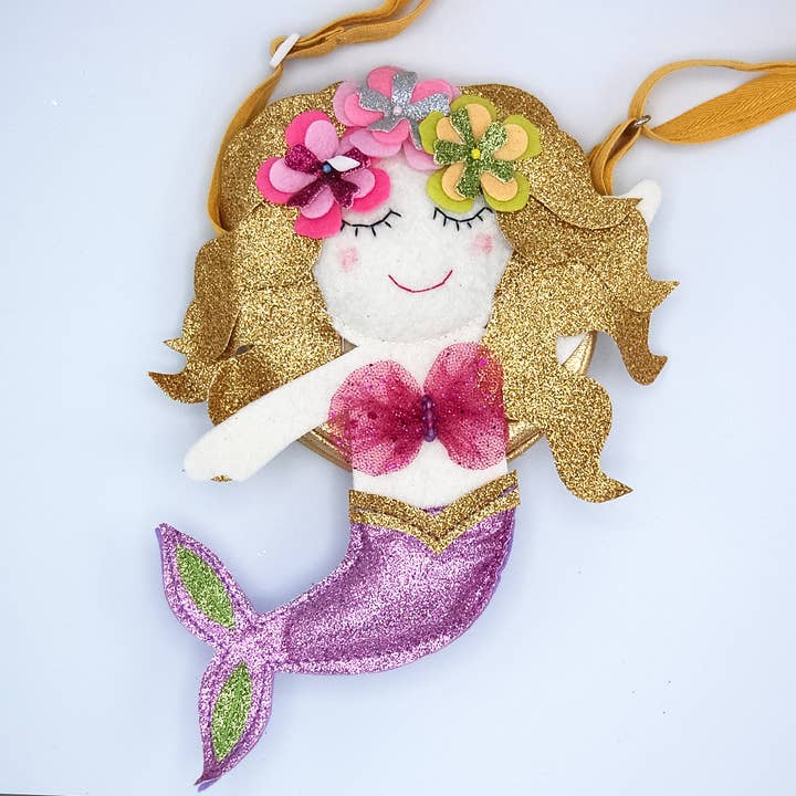 Lily and Momo - Wholesale Shoulder Bag - Kids - Floral Glitter Mermaid Bag- Glitter gold and lilac0