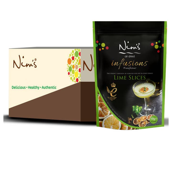 Nim’s Air Dried Lime Cocktail Drink Garnish Slices - Multipack Box of 12X50g for wholesale by Nims Fruit Crisps