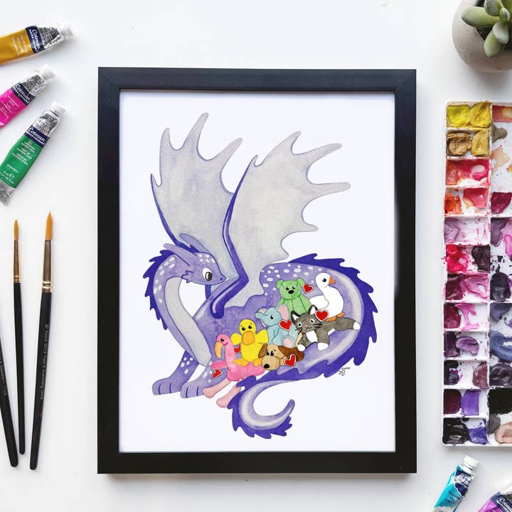 Dragon Beanie Baby Smuggler Print – Whimsical Fantasy Art for wholesale by Owlfeathers Watercolor