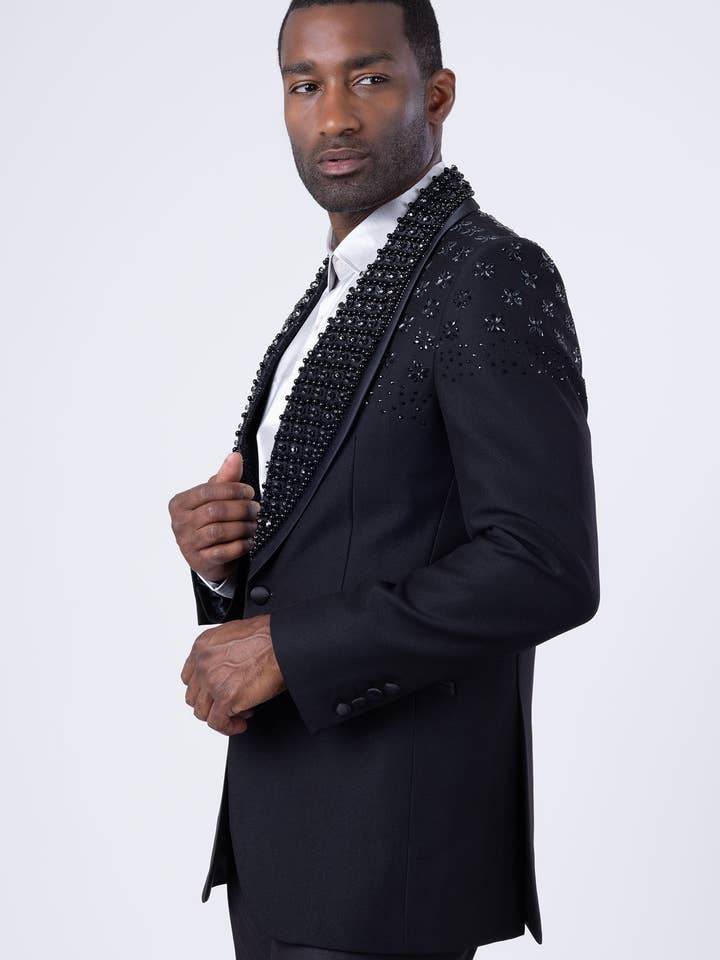 BARABAS - Wholesale Blazer - Men's - Men's Floral Rhinestone Shawl Lapel Blazer 4EBL461