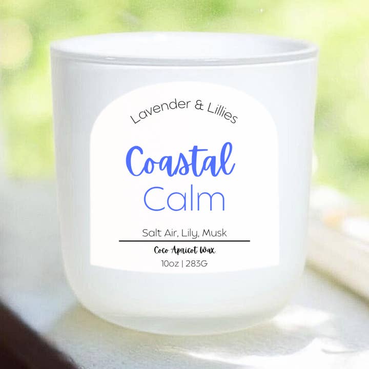 Coastal Calm- Coconut Apricot Wax Candle- 10oz White Glass for wholesale by Lavender & Lillies