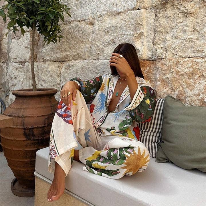 CREAMY Floral Print Long Sleeve Shirt And Pants Set for wholesale on Faire