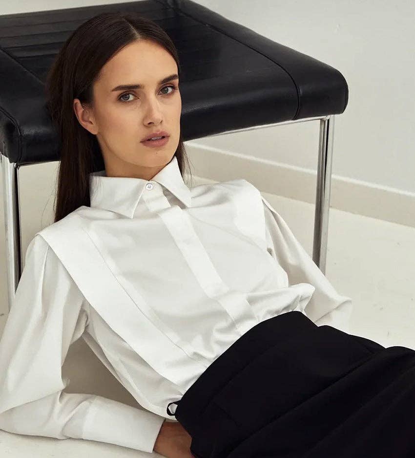 Marayn – Camisa com botões no colarinho – Mulher por atacado – Blusa Branca de Outono Estilo Moderno Chique e Descontraído24