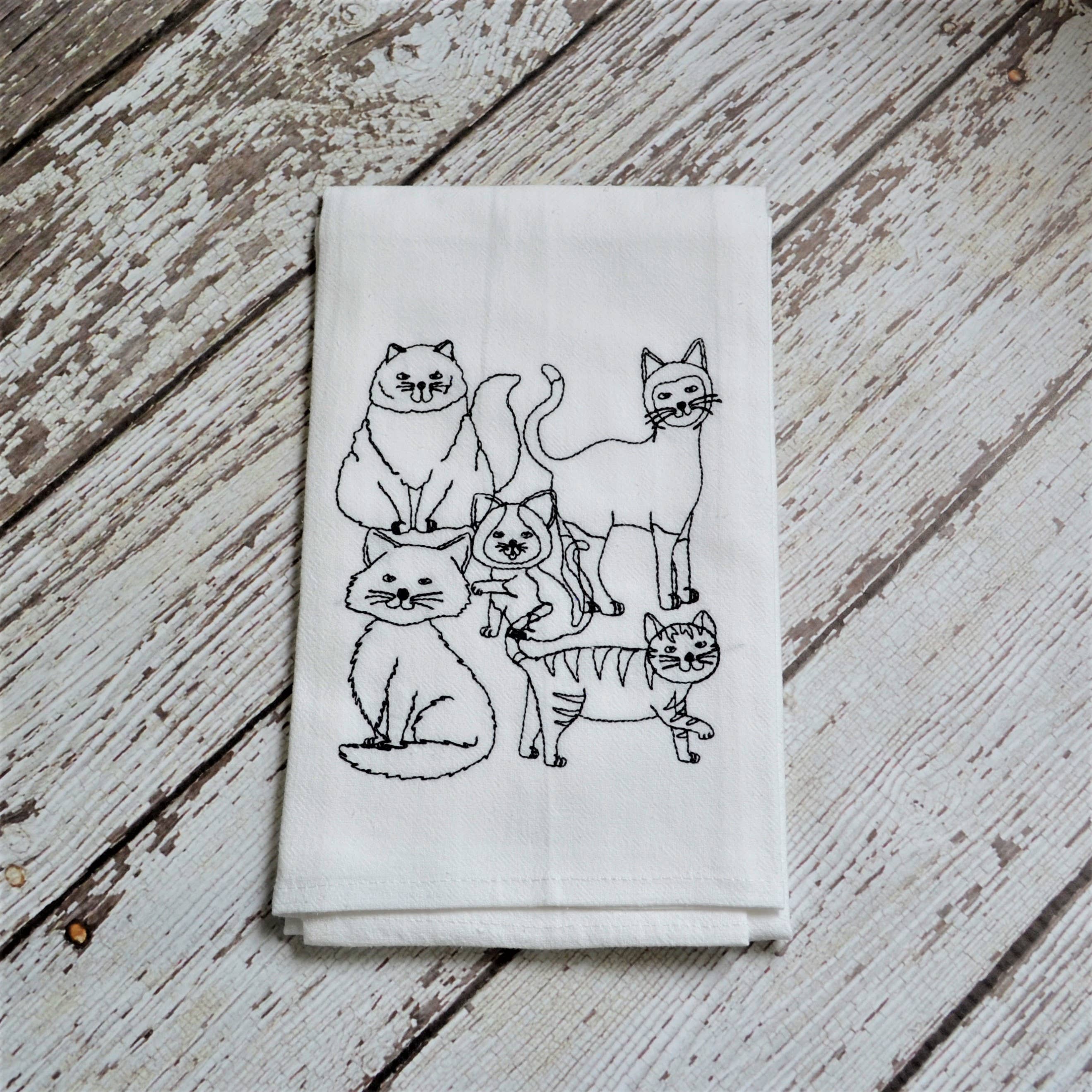 SewMuchMoreStore - Wholesale Tea Towel - Lots of Cats Tea Towel - Embroidered Floursack Towel1