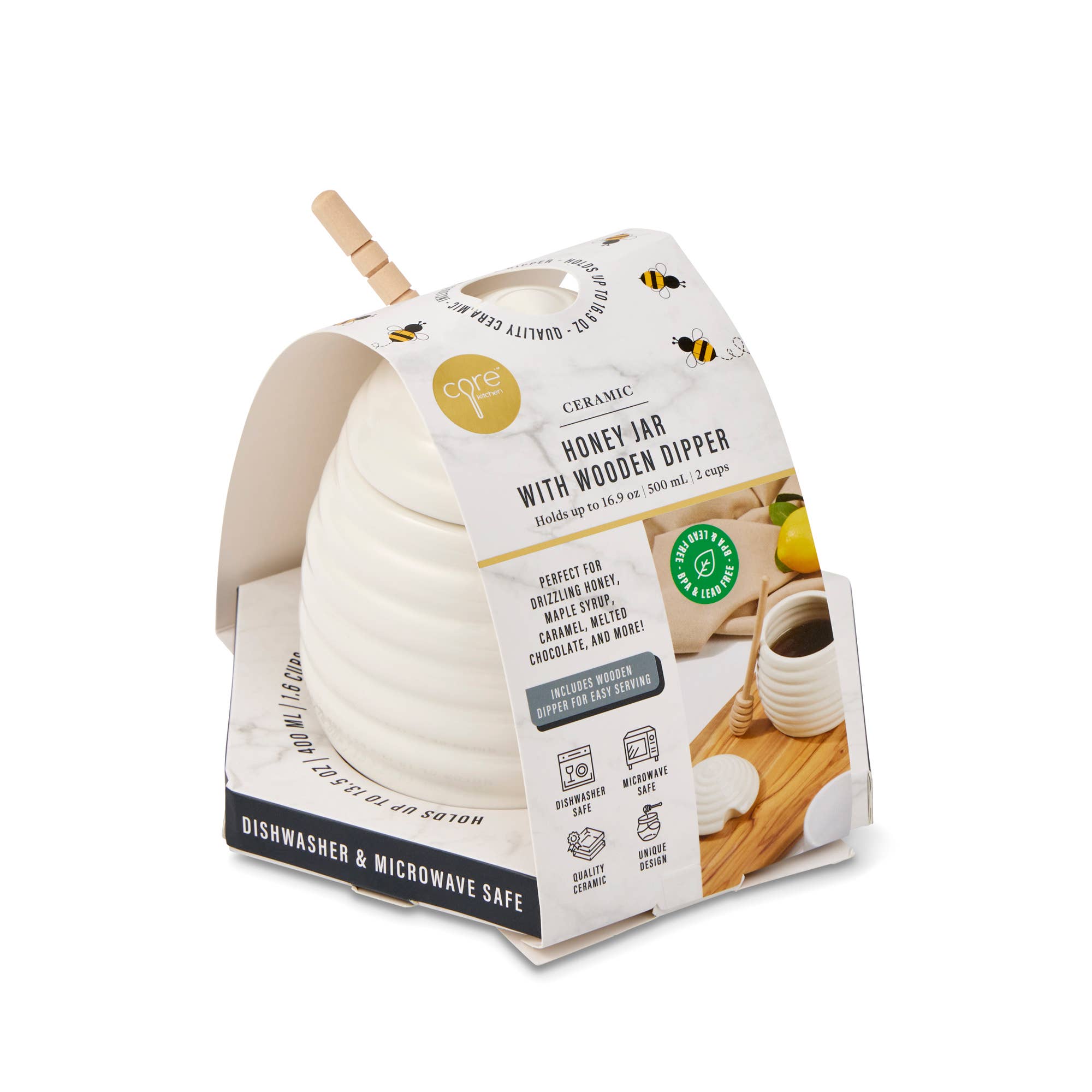 Core Home - Wholesale Honey Pot - 16.9oz Ceramic Ribbed Honey Jar w/ Wooden Dipper3