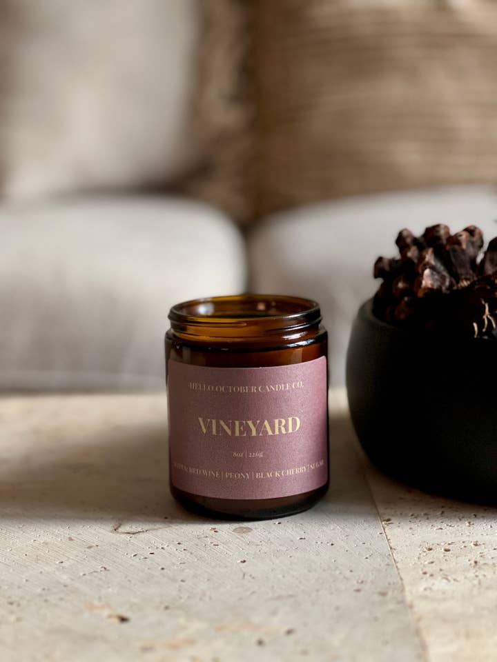 Vineyard 8oz Soy Wood Wick Candle for wholesale by Hello October Candle Co.