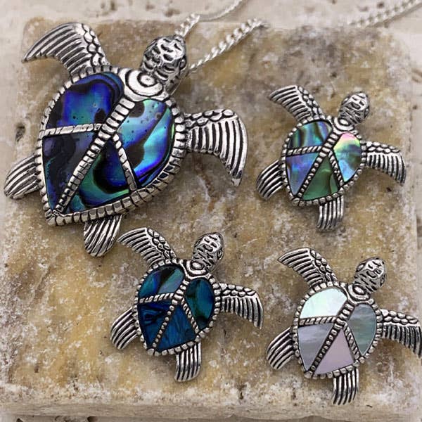 Sterling & Shell Peace Turtle Pendant, 2 Sizes & Earrings! for wholesale by Goddess Design Studio