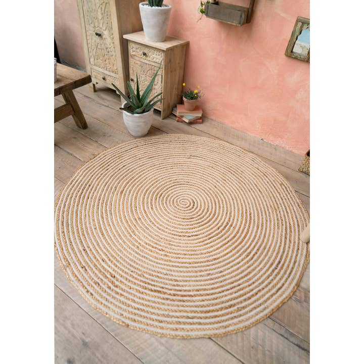 Namaste – Engroshandel Løst tæppe – Stor rund tæppe i naturfarvet flet, jute og bomuld 150 cm