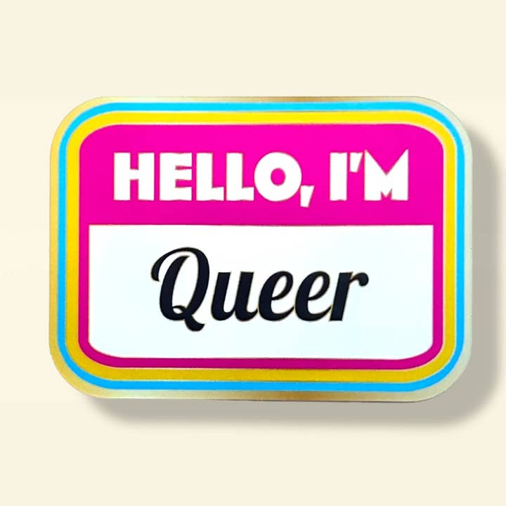 Hello I'm Queer Nametag LGBTQ+ Pansexual Colors Sticker for wholesale by Library Cat Designs