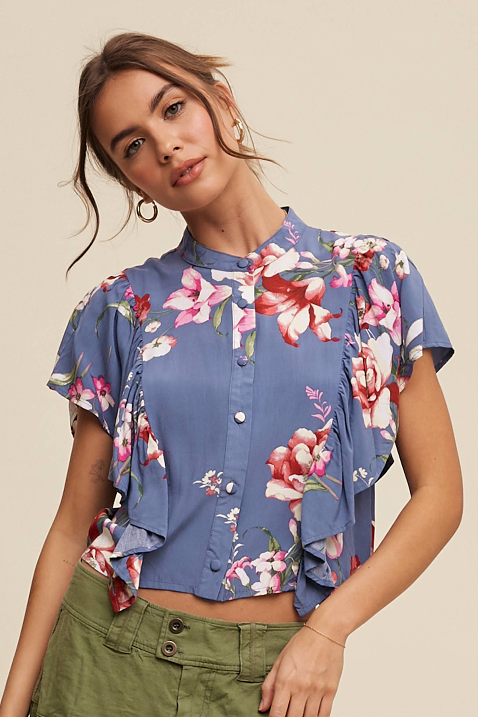 Listicle - Wholesale Blouse - Women's - Floral Flutter Sleeve Blouse11