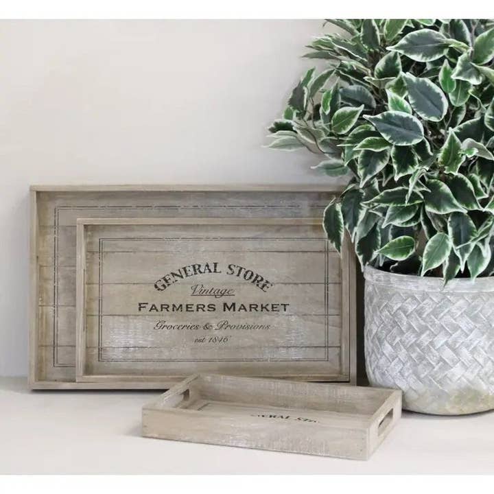 From Under The Stairs - Wholesale Decorative Tray - Set Of 3 General Store Wooden Trays With Handles