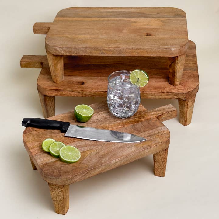 India Handicrafts Inc - Wholesale Desk Riser - Wooden Footed Butcher Blocks w/ Handles S/3