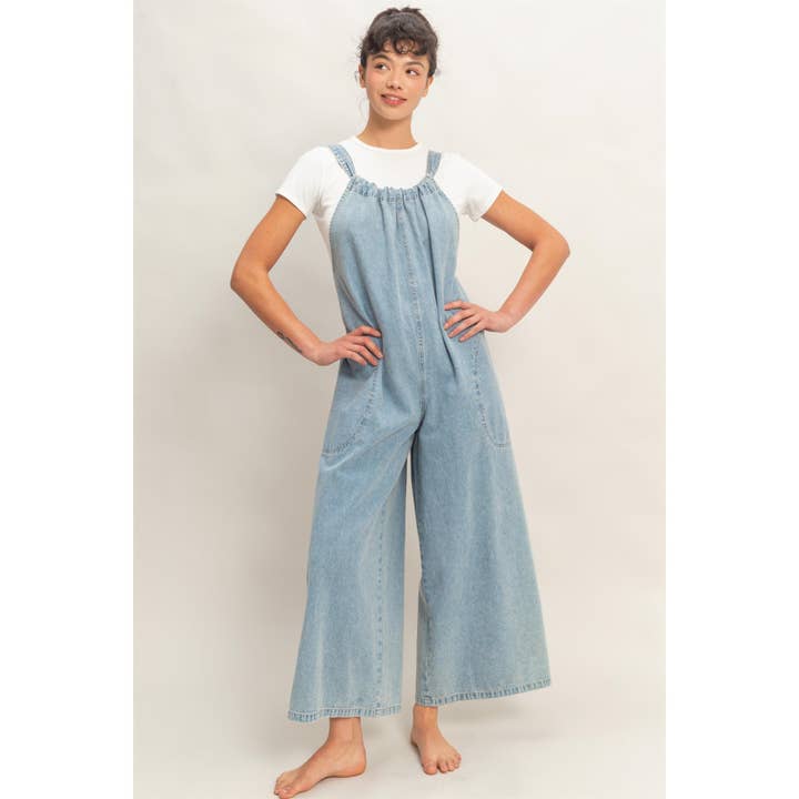 Combinaison en denim à bretelles ajustables pour la vente par Double Zero