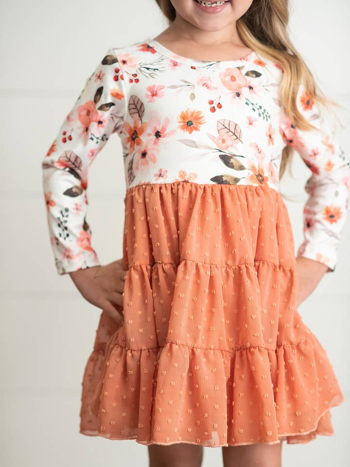 Kids Rust Floral Print Swiss Dot Tulle Fall Autumn Dress for wholesale by Adorable Sweetness