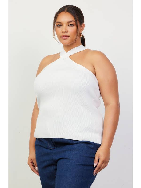 SKIES ARE BLUE - Wholesale Knit Top - Women's - Plus Size Crossed Neck Sleeveless Sweater Top1