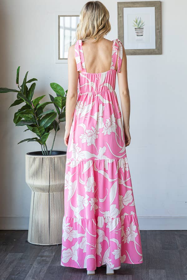 7th Ray - Vendita all'ingrosso Vestito - Donna - Vestito lungo a balze con spalline a fiocco e scollo quadrato floreale D59296